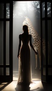 A silhouette of a backlit girafe behind a glass door, emotive body language, org...