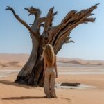 Beautiful blond Woman wearing a beige cargo standing at an very old dead tree in...