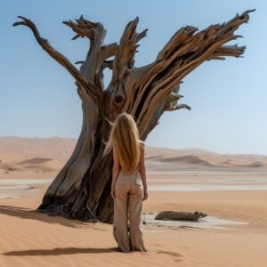 Beautiful blond Woman wearing a beige cargo standing at an very old dead tree in...