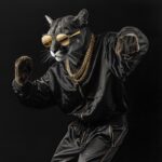 Create a vibrant and dynamic full-length portrait featuring a dancing puma exudi...