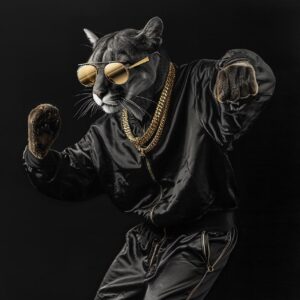 Create a vibrant and dynamic full-length portrait featuring a dancing puma exudi...