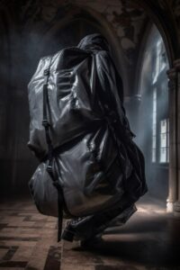 A flying modern combination in a medieval ancient gothic castle with ruins. Myst...