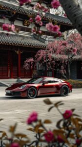 The brand new Porsche 911 in burgundy red. Black 24 inch wheels, red brake calip...