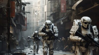 In a dystopian future ruled by a totalitarian regime, armed sci - fi soldiers ma...