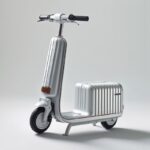Rimowa aluminum luggage transform into small electric scooter, simple white back...