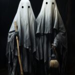 Two white ghosts are depicted on a black canvas, in the style of antanas sutkus,...