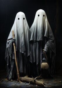 Two white ghosts are depicted on a black canvas, in the style of antanas sutkus,...