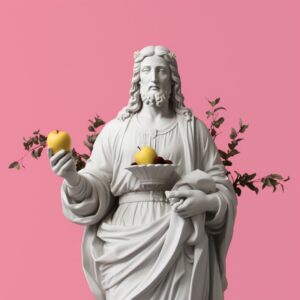 Black and white magazine cut out of a marble statue of Jesus over a pale yellow ...
