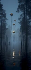 Flying jellyfish over a lake in a dead forest. Fog. Dead trees. Nighttime. Moonl...