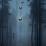 Flying jellyfish over a lake in a dead forest. Fog. Dead trees. Nighttime. Moonl...