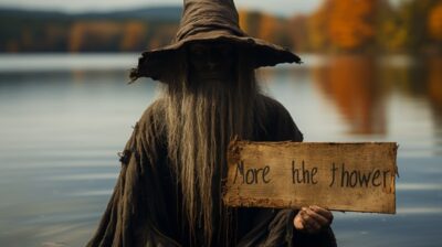 Wild crazy intense witch holding a sign, emerging from a peacful lake in Maine, ...