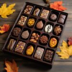 A box of chocolates mixed variety decorated with fall theme symbols --v 5.2by as...