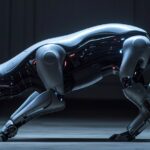 Robotic dog with futuristic design in a dimly lit studio setting. Setting: A rob...