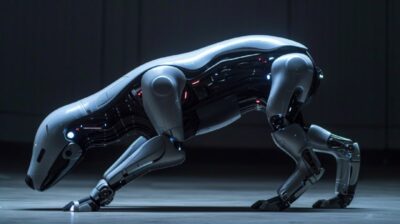 Robotic dog with futuristic design in a dimly lit studio setting. Setting: A rob...