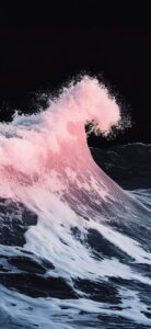 Pink and white gradient sea wave, black background, night sky, minimalism, surre...