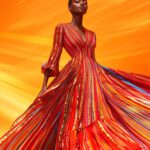 A fashion editorial of a photorealistic full body shot of an African model weari...