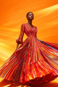 A fashion editorial of a photorealistic full body shot of an African model weari...