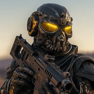 Realistic dystopian cyborg soldier with black and yellow gas mask and black helm...