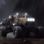 Rendering of a black rover driving on the moon titan, in the style of nick Gindr...