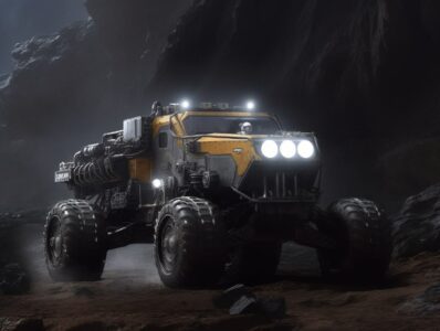 Rendering of a black rover driving on the moon titan, in the style of nick Gindr...