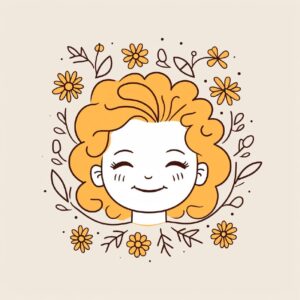 happy little girl's face in one line art style with flowers and decorations. Con...