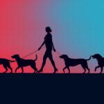 female dog walker, walking 5 dogs, silhouette, Anaglyph style --ar 7:4#vector_st...
