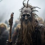 A close up photograph of a menacing pagan cult member at a cremation ceremony on...