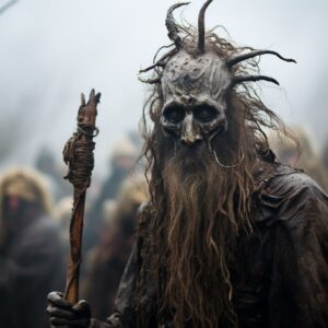 A close up photograph of a menacing pagan cult member at a cremation ceremony on...