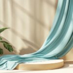 3D display podium, beige background with pedestal and Aquamarine Blue color clot...