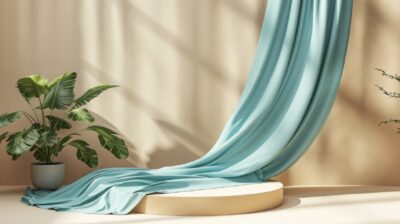 3D display podium, beige background with pedestal and Aquamarine Blue color clot...