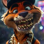 3D cartoon of Tigger with shiny gold and diamond hiphop grill on teeth, big happ...