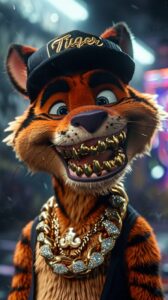 3D cartoon of Tigger with shiny gold and diamond hiphop grill on teeth, big happ...