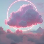 A single simple puffy light pink cloud with a circle in the sky with pink lights...