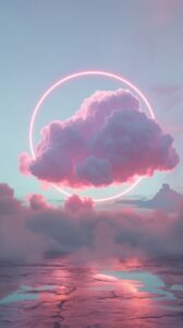 A single simple puffy light pink cloud with a circle in the sky with pink lights...