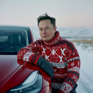 Elon Musk dressed in an endearing ugly Christmas sweater eclectic with Tesla log...