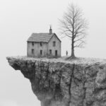 1-2black and white image of a house and a sculpture, in the style of clemens asc...