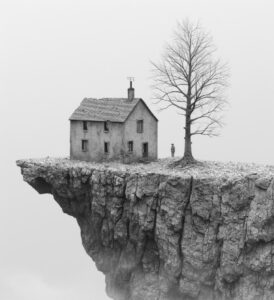 1-2black and white image of a house and a sculpture, in the style of clemens asc...