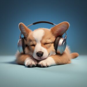 World record of cuteness?A sleeping fluffy brown corgi listening to a music thr...