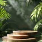 A wooden podium with green background , adorned by palm leaves. The podium is po...