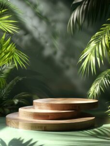 A wooden podium with green background , adorned by palm leaves. The podium is po...