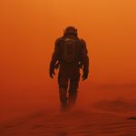 Movie still, a man in a futuristic suit in an orange sand patch, minimalist, haz...