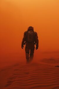 Movie still, a man in a futuristic suit in an orange sand patch, minimalist, haz...