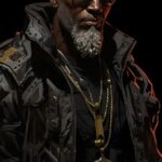 Cyberpunk, character art, line art, old black man, war veteran, bald, military s...