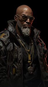 Cyberpunk, character art, line art, old black man, war veteran, bald, military s...