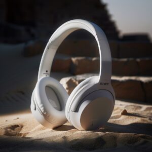 SONY white headset product photography, placed on the ground, there are steps le...