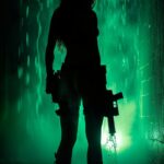 hot villain woman silhouette in darkness with luminescent water gun, fullbody, h...