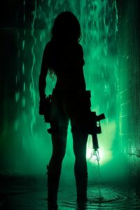 hot villain woman silhouette in darkness with luminescent water gun, fullbody, h...