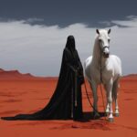 A image of an old woman in a white dress riding a white horse, in the style of d...