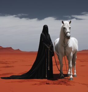 A image of an old woman in a white dress riding a white horse, in the style of d...