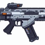 64 bit pixel art of side view of scifi semi-automatic rifle, grey white palette,...
